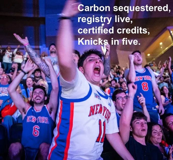 Knicks fans cheering wildly in an arena, with the text "Carbon sequestered, registry live, certified credits, Knicks in five."