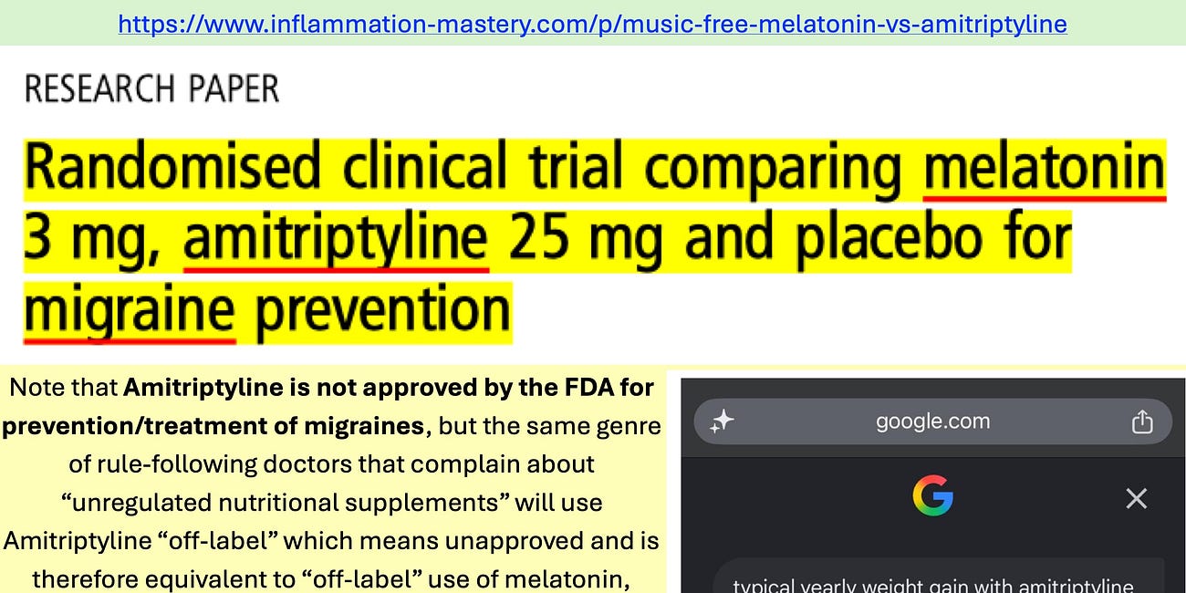 American Academy of Neurology recommends AMITRIPTYLINE for MIGRAINE despite that MELATONIN is safer, more effective, more affordable, more available, and does not cause AMITRIPTYLINE’s WEIGHT GAIN