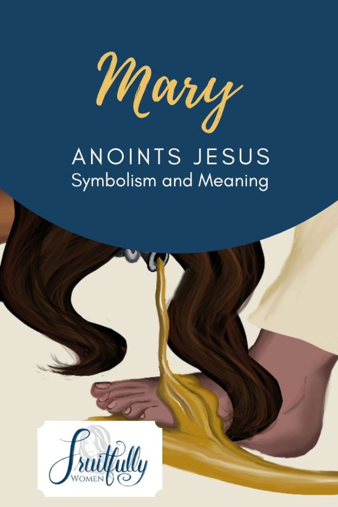 Image of Mary washing Jesus' feet to anoint him with nard oil, with a blue circle on top and words, "Mary anoints Jessus, symbolism and meaning. Image of Mary washing Jesus' feet to anoint him with nard oil, with a blue circle on top and words, "Mary anoints Jessus, symbolism and meaning.