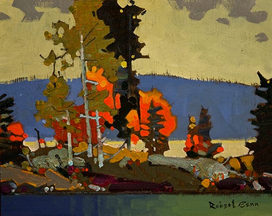 October 17 Lake of the Woods, by Robert Genn painting of lake and trees, by Robert Genn