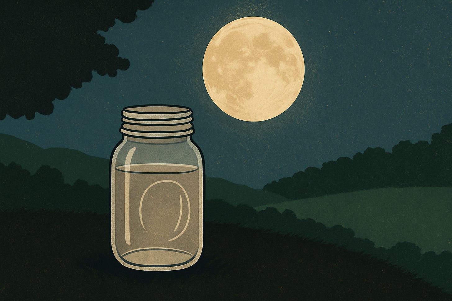 an image of a clear jar of water set out under a full moon to charge under its light, called moon water