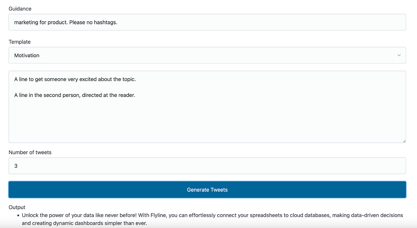 The twitter idea engine, but without background info. The only guidance provided is "Marketing for product. Please no hashtags."