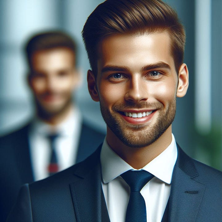 create an image of a photorealistic Man in navy business suit smiling for professional linkedin profile headshot, business professional, sharp focus 