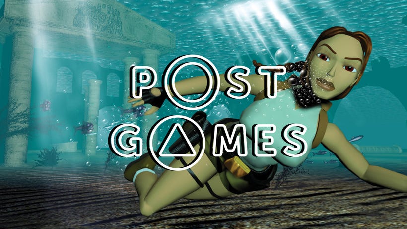 The Post Games Logo over a 3D render of Lara Croft swimming through an ancient tomb The Post Games Logo over a 3D render of Lara Croft swimming through an ancient tomb