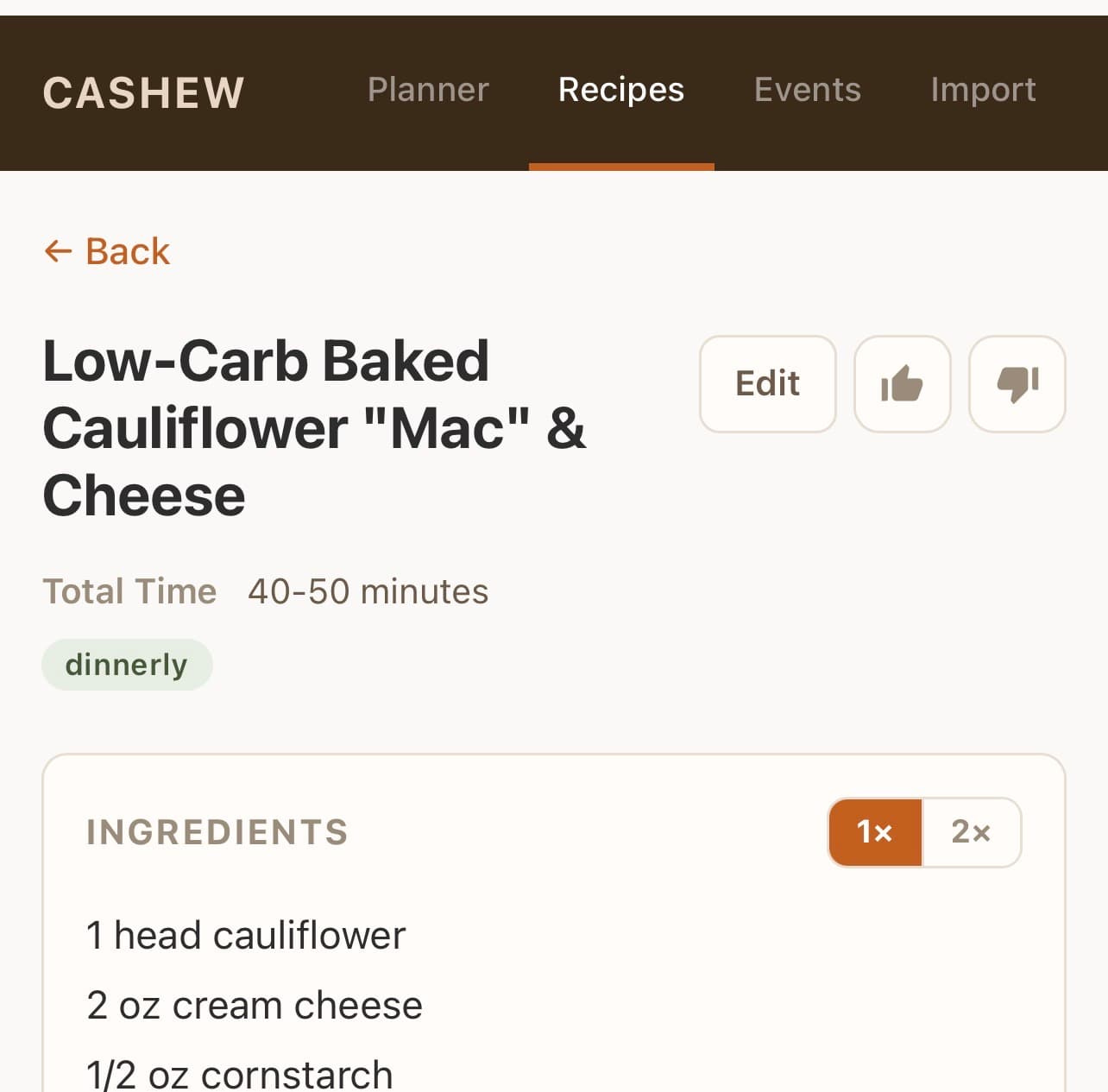 screen shot of a recipe page in my meal planning app screen shot of a recipe page in my meal planning app