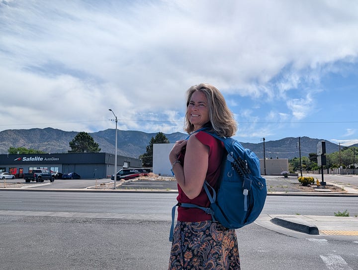 Two pictures. One of a blue Osprey-brand backpack sitting on a bench and one of author Rosa Linda Román wearing the backpack.