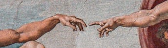 Michelangelo's "the creation of adam" is shown. Michelangelo's "the creation of adam" is shown.