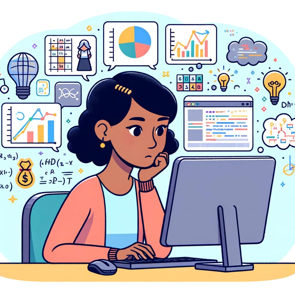 Created with Dalle on 4.11.2024 Prompt: Cartoon style image of a female student at a computer with  data science related images above her head