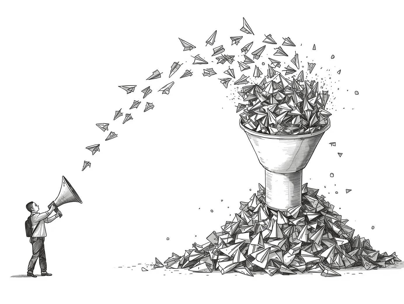 Person throwing paper airplanes into overflowing funnel, applications circling back rejected Person throwing paper airplanes into overflowing funnel, applications circling back rejected