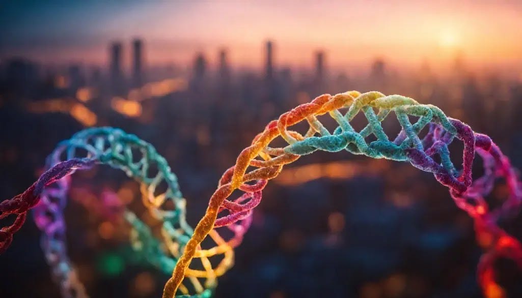 A double helix of DNA sparkling with vibrant energy and color, set against the silhouette of a contemporary city skyline illuminated by sunrise.