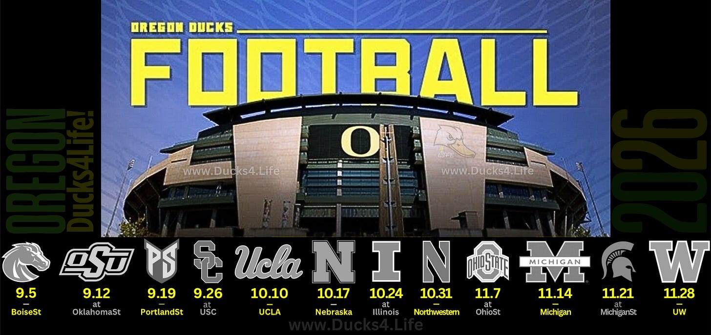 2026 Oregon Ducks football schedule graphic featuring Boise State, Oklahoma State, USC, UCLA, Nebraska, Ohio State, Michigan, Michigan State and Washington. Deals on seats, fan gear, and premium Oregon Ducks football coverage at www.Ducks4.Life 2026 Oregon Ducks football schedule graphic featuring Boise State, Oklahoma State, USC, UCLA, Nebraska, Ohio State, Michigan, Michigan State and Washington. Deals on seats, fan gear, and premium Oregon Ducks football coverage at www.Ducks4.Life