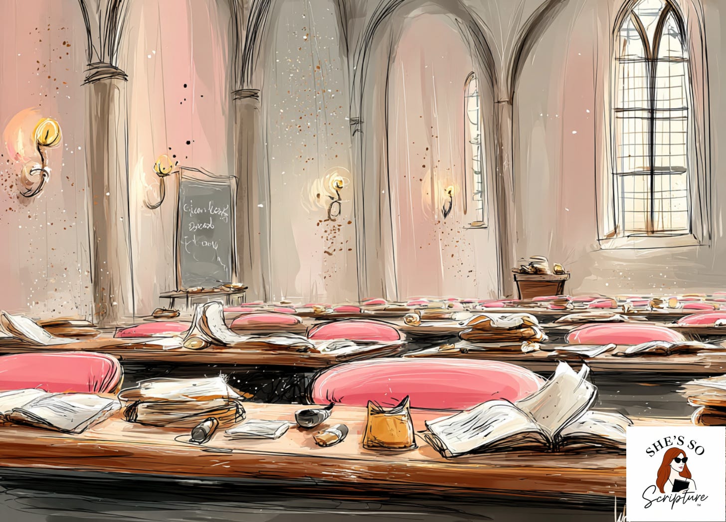 Illustrated ancient study hall with wooden benches, open scrolls, and warm light streaming through stone arch windows in blush pink and cream watercolor tones