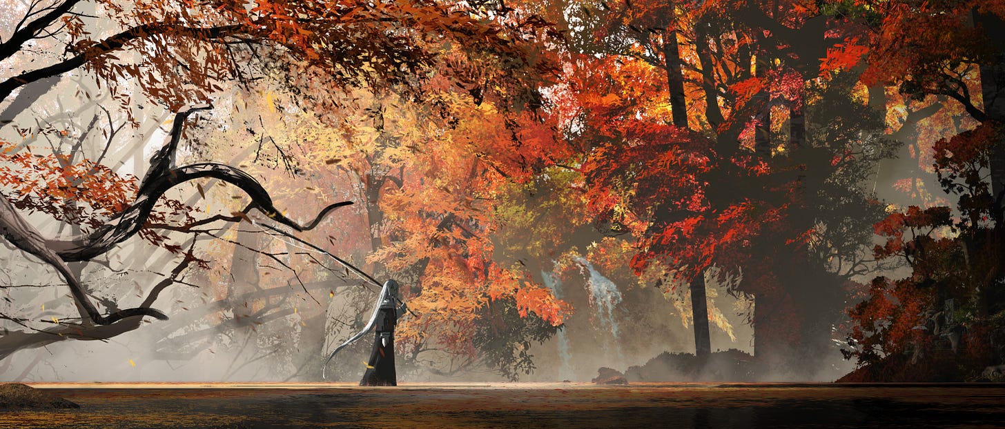 General 5830x2492 digital art artwork forest trees fishing rod fall Asteroid (artist)
