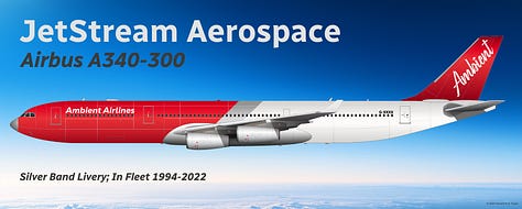 A selection of former Ambient fleet aircraft: 1) Airbus A340-300 (Silver Band); 2) Airbus A380 (Audiowave); 3) Boeing 747-200 (Silver Band); 4) Boeing 747-400ER (Silver Band); and 5) Boeing 747-8 Intercontinental (Audiowave) - all shown in side view.