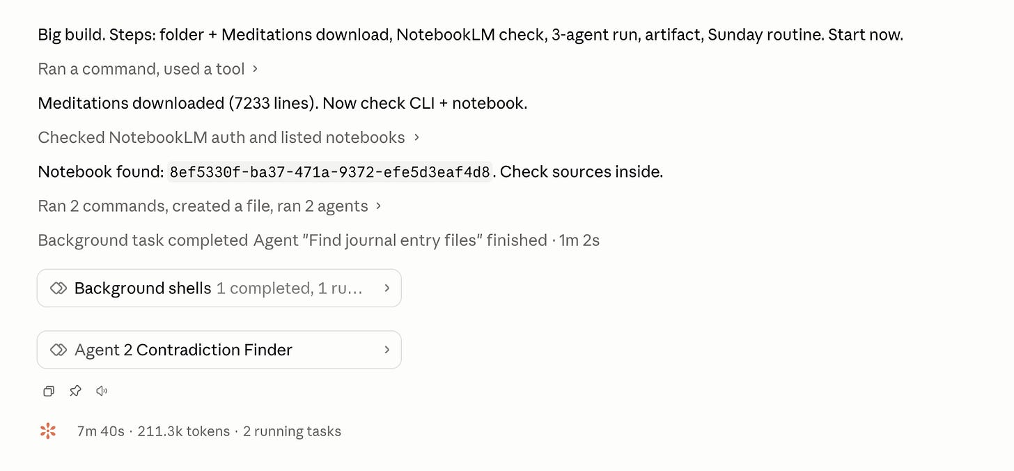 Claude Code running a NotebookLM journal analysis with a Contradiction Finder subagent
