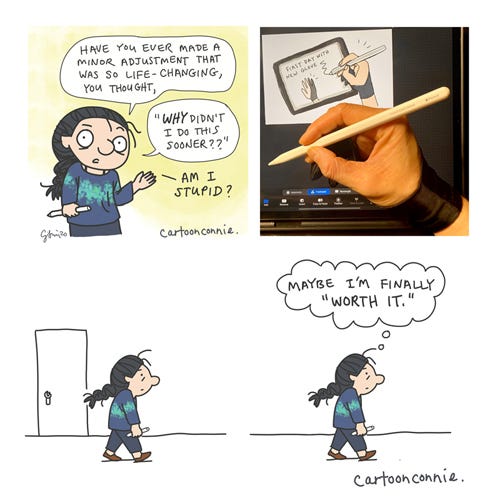 Comic about minor adjustments that make a big difference by Connie Sun, cartoonconnie, photo, illustration, ipad drawing glove