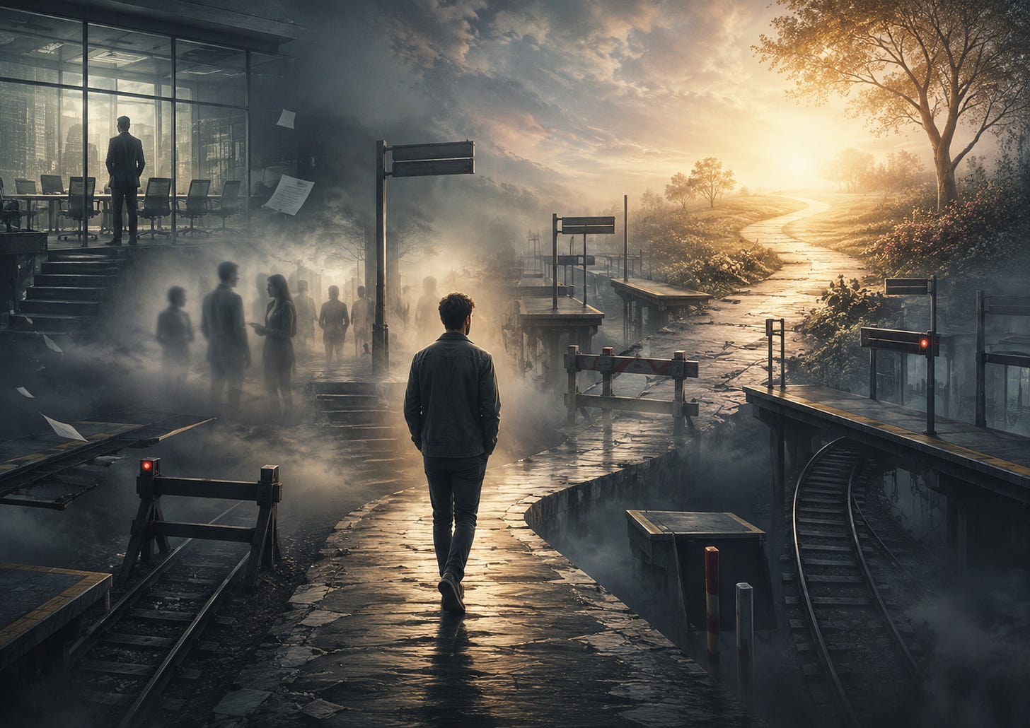 A solitary man moving through a surreal in-between environment that blends elements of an office building, a walking path, and a quiet subway or transit platform. A solitary man moving through a surreal in-between environment that blends elements of an office building, a walking path, and a quiet subway or transit platform.