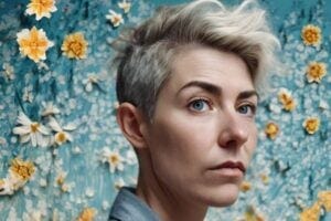 woman with blonde hair looking serious