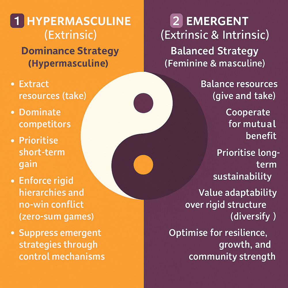 Informative graphic comparing two survival strategies within a yin-yang symbol. The left side, orange, represents 'Hypermasculine (Extrinsic) Dominance Strategy' with traits like extracting resources, dominating competitors, prioritising short-term gain, enforcing rigid hierarchies, and suppressing emergent strategies. The right side, purple, represents 'Emergent (Extrinsic & Intrinsic) Balanced Strategy' with traits like balancing resources, cooperation, prioritising sustainability, valuing adaptability, and optimising for growth and community strength.