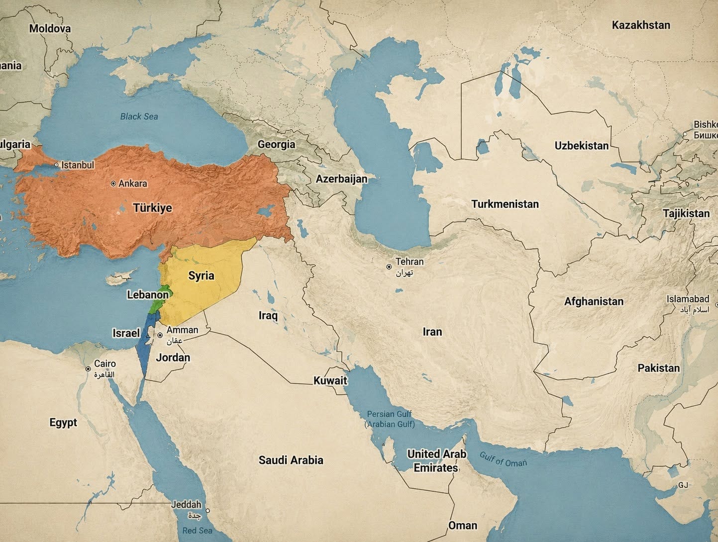 Có thể là hình ảnh về bản đồ và văn bản cho biết 'Moldova ania Black Sea lgaria Kazakhstan Istanbul Georgia Ankara Türkiye Azerbaijan Uzbekistan Bishk 6иwK Turkmenistan Syria Lebanon Tehran تهران Tajikiştan Israel Amman Iraq Cairo الفاعرة Jordan Iran Afghanistan Egypt Islamabad اسلام_آباد Kuwait Persian GuiT (Arabian Gulf) Pakistan Saudi SaudiArabia Arabia United Arab Emirates Jeddah جدة Red Sea Guif Oman Oman' Có thể là hình ảnh về bản đồ và văn bản cho biết 'Moldova ania Black Sea lgaria Kazakhstan Istanbul Georgia Ankara Türkiye Azerbaijan Uzbekistan Bishk 6иwK Turkmenistan Syria Lebanon Tehran تهران Tajikiştan Israel Amman Iraq Cairo الفاعرة Jordan Iran Afghanistan Egypt Islamabad اسلام_آباد Kuwait Persian GuiT (Arabian Gulf) Pakistan Saudi SaudiArabia Arabia United Arab Emirates Jeddah جدة Red Sea Guif Oman Oman'