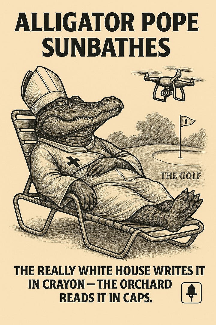Images of Alligator Pope artist sketches in AI on pastel brown ink campaign is Alligator Pope say what?1. Pope on a lounge chair with Grok drone over golf 2. Town over the Gulf 3. 420 Lowrider Malibu full of weed plants 4. Pope driving the same Malibu with his head and hat out the window