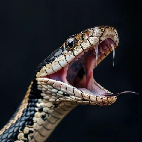 This may contain: a snake with its mouth open showing it's teeth