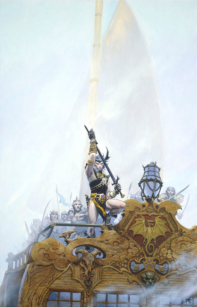 On a ship making its way through foggy water, Elric poses with one foot resting on the gunwales. The aft is decorated with intricate scrollwork that includes a dragon and several demon heads. Elric wears a black winged helm and a regal tunic with yellow accents. Fine silver chainmail shows underneath. The milky white skin of his arms and legs are bare to the elements. His eyes mirror the jewel at his belt as he stares down at the audience gripping Stormbringer while running his free hand along the long black runeblade. The sight of him leaves the crew, armed with swords and spears, shrinking back in fear. On a ship making its way through foggy water, Elric poses with one foot resting on the gunwales. The aft is decorated with intricate scrollwork that includes a dragon and several demon heads. Elric wears a black winged helm and a regal tunic with yellow accents. Fine silver chainmail shows underneath. The milky white skin of his arms and legs are bare to the elements. His eyes mirror the jewel at his belt as he stares down at the audience gripping Stormbringer while running his free hand along the long black runeblade. The sight of him leaves the crew, armed with swords and spears, shrinking back in fear.