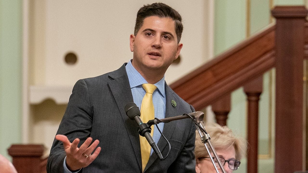 Republican Assembly member Bill Essayli, of Riverside, speaks on a bill before the Assembly at the Capitol in Sacramento, Calif., Thursday, June 1, 2023. (AP Photo/Rich Pedroncelli)