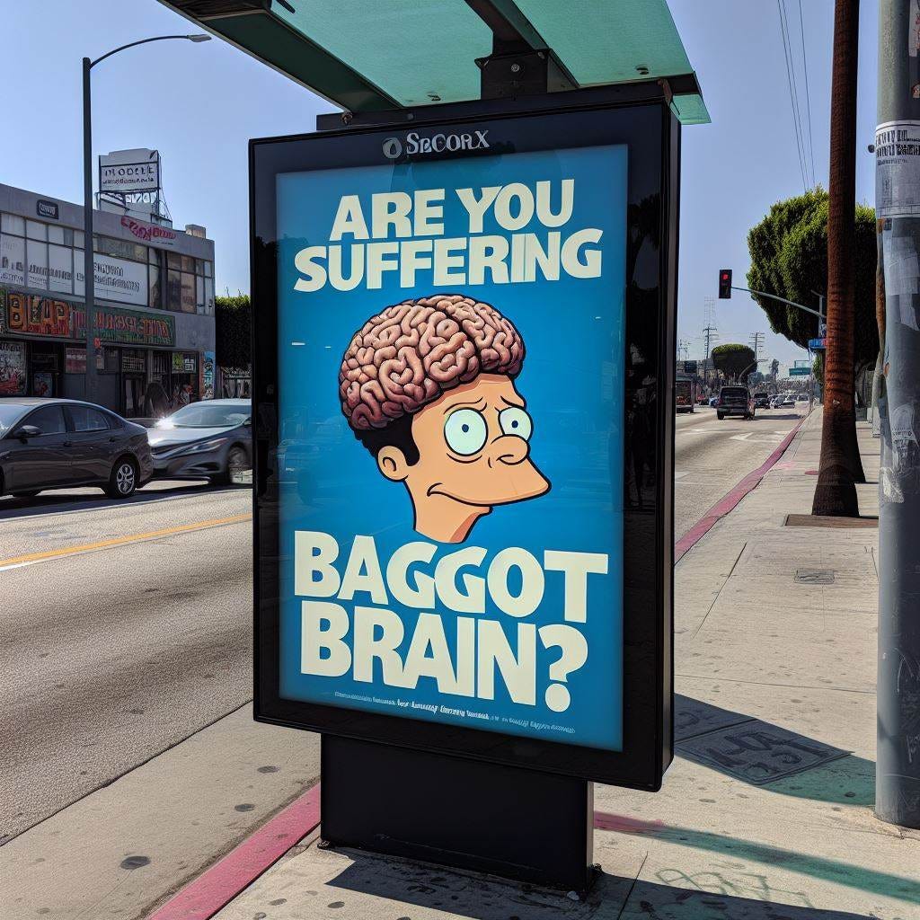 a bus stop ad in los angeles in bold text implores: "ARE YOU SUFFERING FROM BAGGOT BRAIN?"