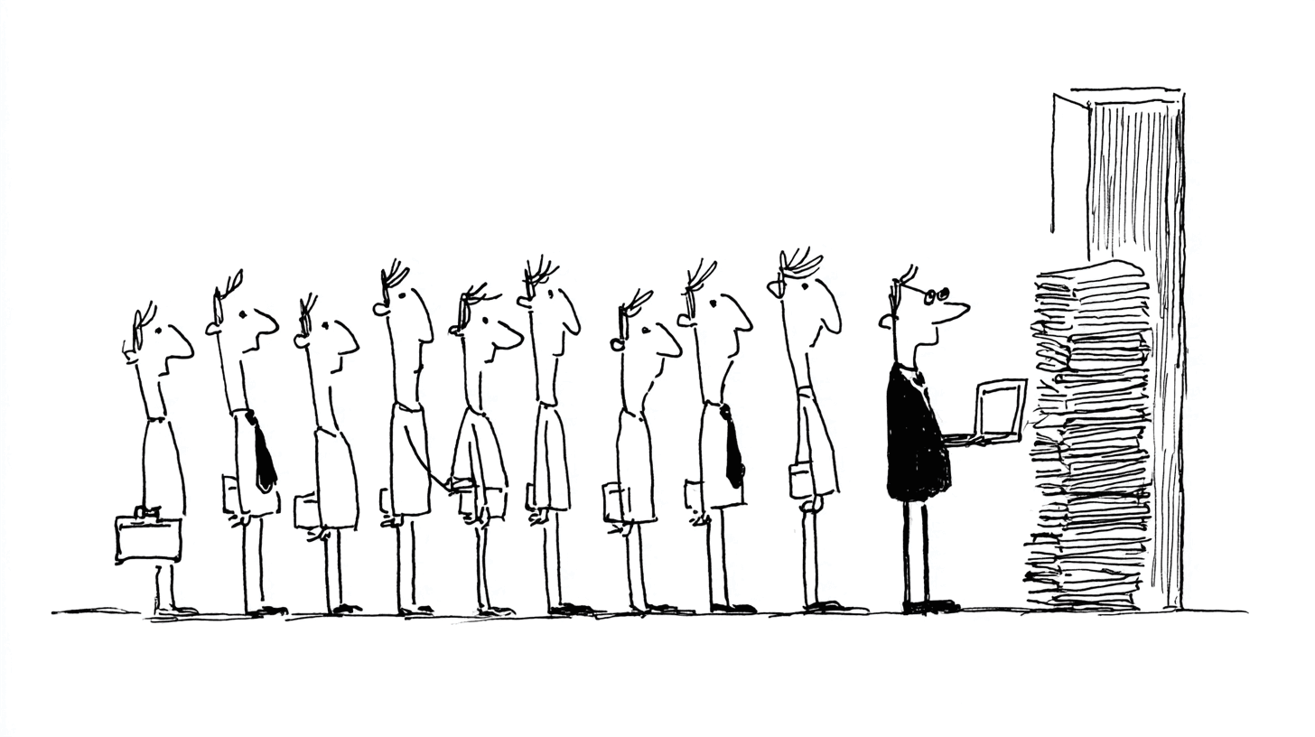 A queue of office workers waits beside a towering stack of paper at a doorway, while one figure holds a laptop.
