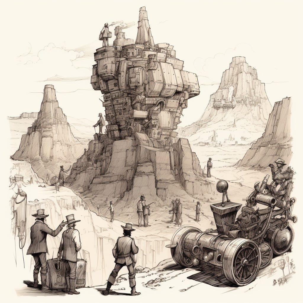 a rough industrial design sketch, initial, black pen, handdrawn, white paper. image is a robotic western prospector, and a group of human wealthy banker traditonal looking type, blowing up a mountain