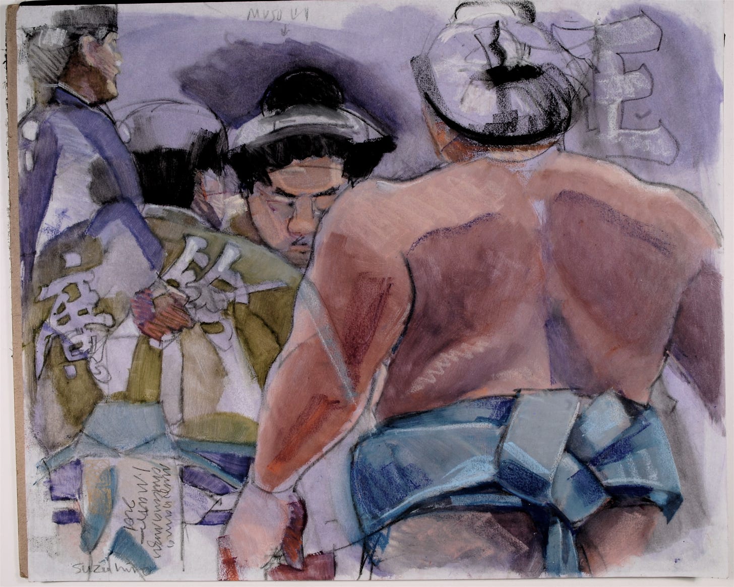 On location painting,Grand CHAMPION Wakanohana accepting the "water of power"  from Yokozuna Musashimaru, just before his bout.Tokyo Tournament.