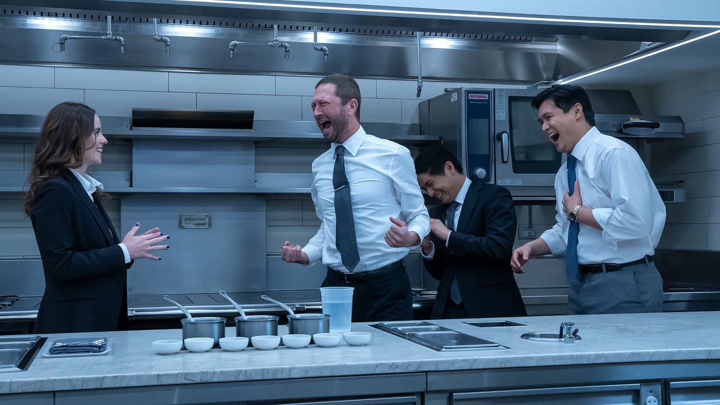 THE BEAR — “Forks” — Season 2, Episode 7 (Airs Thursday, June 22nd) Pictured: (l-r) Sarah Ramos as Jessica, Ebon Moss-Bachrach as Richard “Richie” Jerimovich, Andrew Lopez as Garret, Rene Gube as Ever GM. CR: Chuck Hodes/FX.