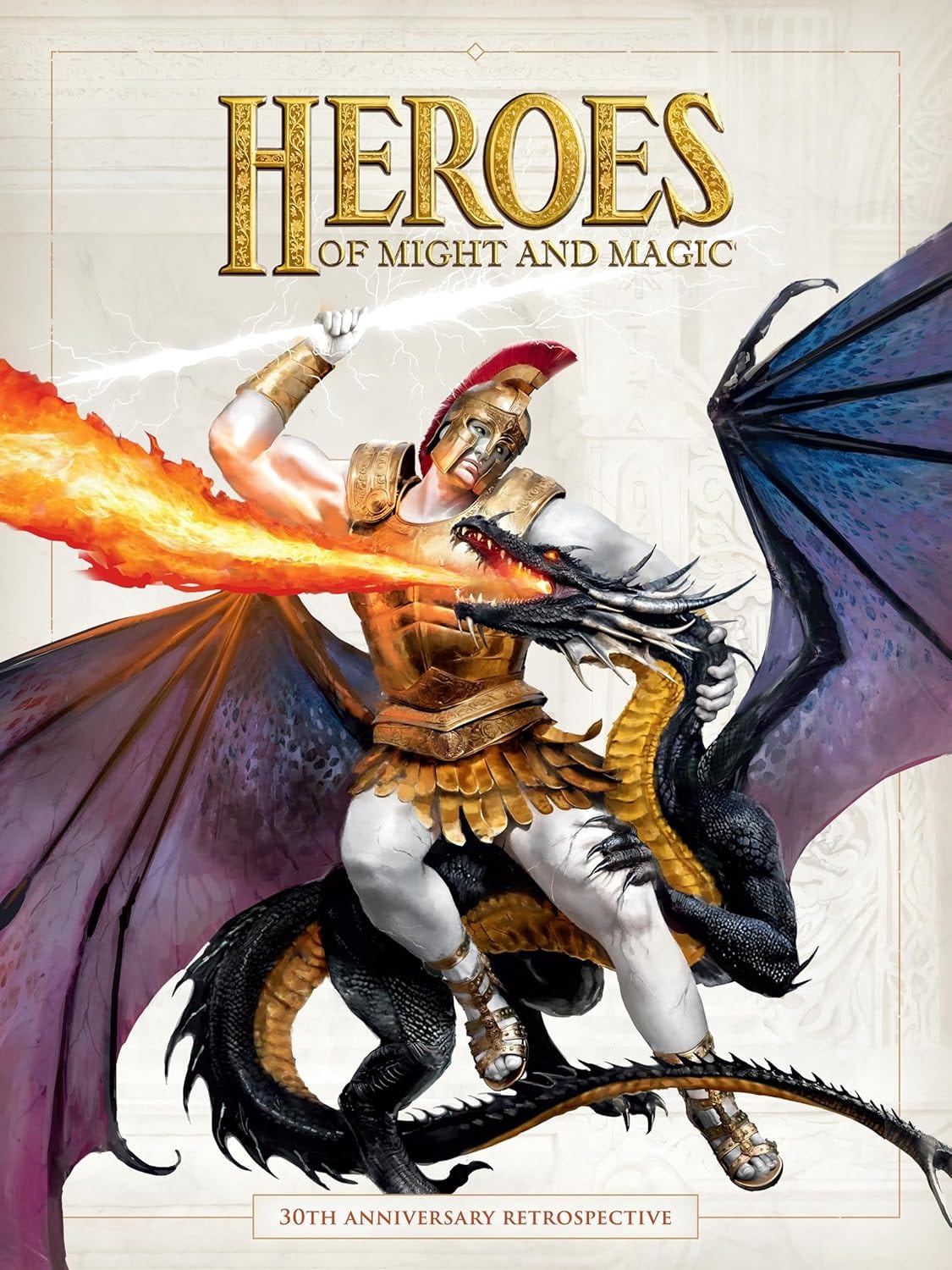Cover of the “Heroes of Might and Magic: 30th Anniversary Retrospective,” featuring a muscular warrior in golden Roman-style armor wrestling a black dragon with purple wings as it breathes fire. The background is a white marble-like texture, and the title is displayed in large, ornate gold letters.
