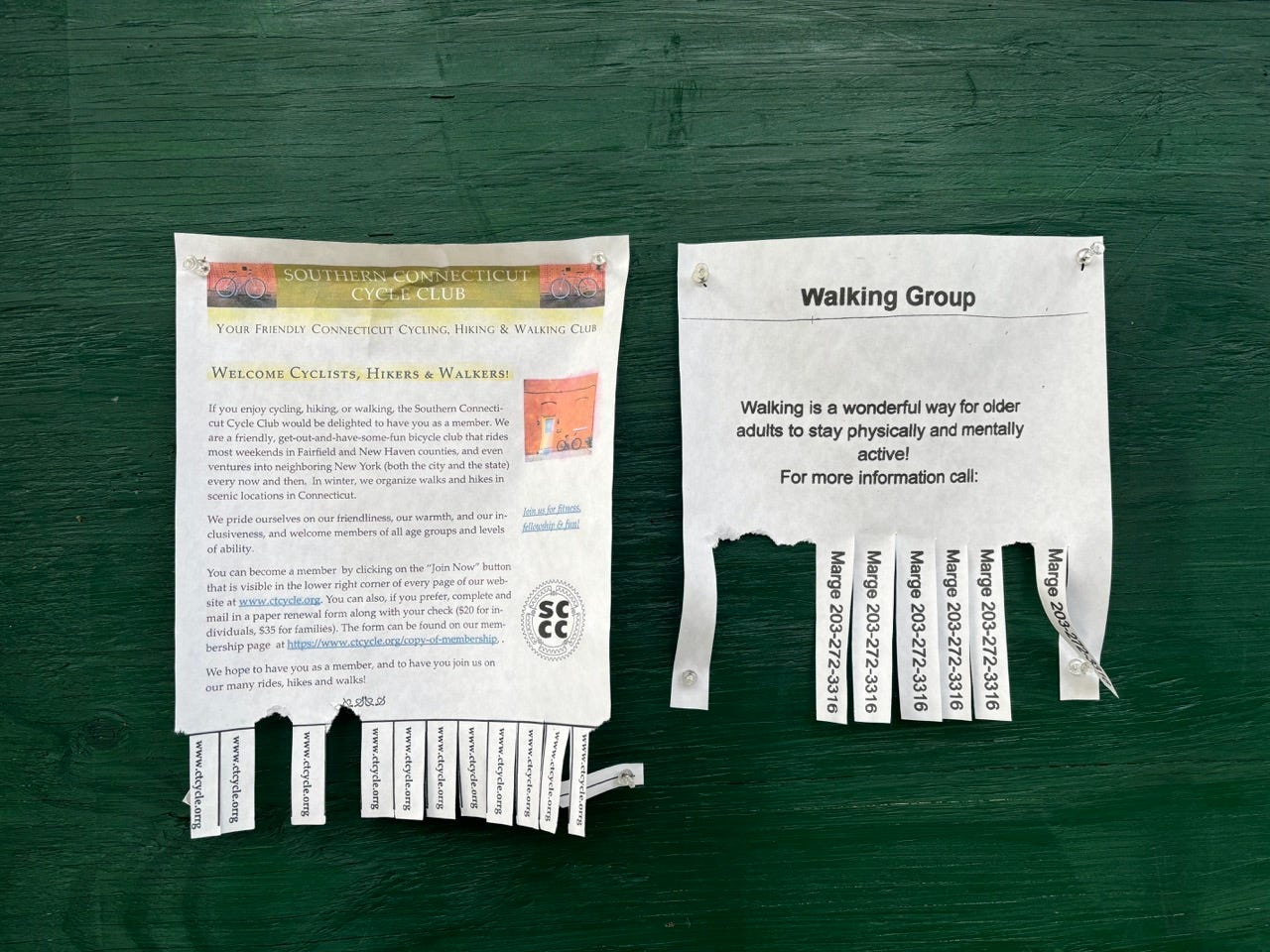 a photo of two white flyers on a dark green wooden board with tabs