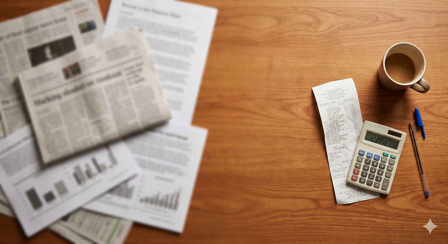 A kitchen table with blurred newspapers and financial charts pushed to one side, while a grocery receipt, calculator, pen, and coffee mug sit in sharp focus on the other, illustrating the gap between how the media covers the economy and how people actually experience it.