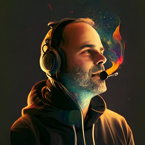 A variety of images including a self portrait, all on MidJourney V5, all my own ideas that I'm attempting to create using this tool. Love these.
