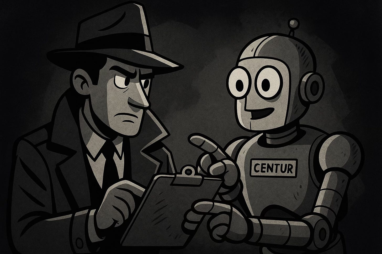 A cartoon-style, film noir illustration of a serious-looking detective in a trench coat and fedora holding a clipboard, while a cheerful robot labeled “CENTUR” points at the clipboard. The scene is in black and white with dramatic shadows, evoking a mysterious and vintage atmosphere.