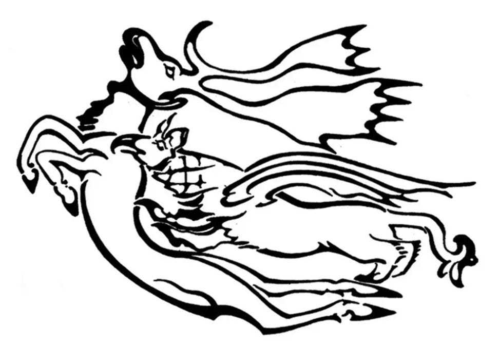 Gryphon attacking a hoofed animal with antlers, line drawing