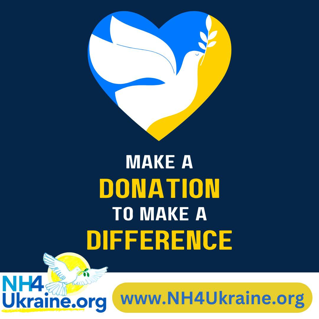 May be an image of text that says 'MAKE A DONATION TO MAKE A DIFFERENCE NH4 Ukraine.org www.NH4Ukraine.org kraine.org'