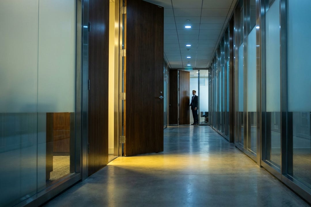 A cinematic, high-contrast photo of a sleek, dark corporate office hallway. A single door is slightly ajar, letting a warm, golden, inviting glow spill out onto the cold, grey floor. The image represents the choice between the high-pressure grind and a warm, regulated space. A cinematic, high-contrast photo of a sleek, dark corporate office hallway. A single door is slightly ajar, letting a warm, golden, inviting glow spill out onto the cold, grey floor. The image represents the choice between the high-pressure grind and a warm, regulated space.