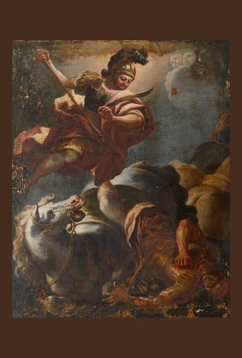 Paintings: 1. Aeneas Defeating Turnus by Luca Giordano 2. Cain smiting Abel by Sebastiano and Marco Ricci 3. Mercurius killing Julian by Unknown