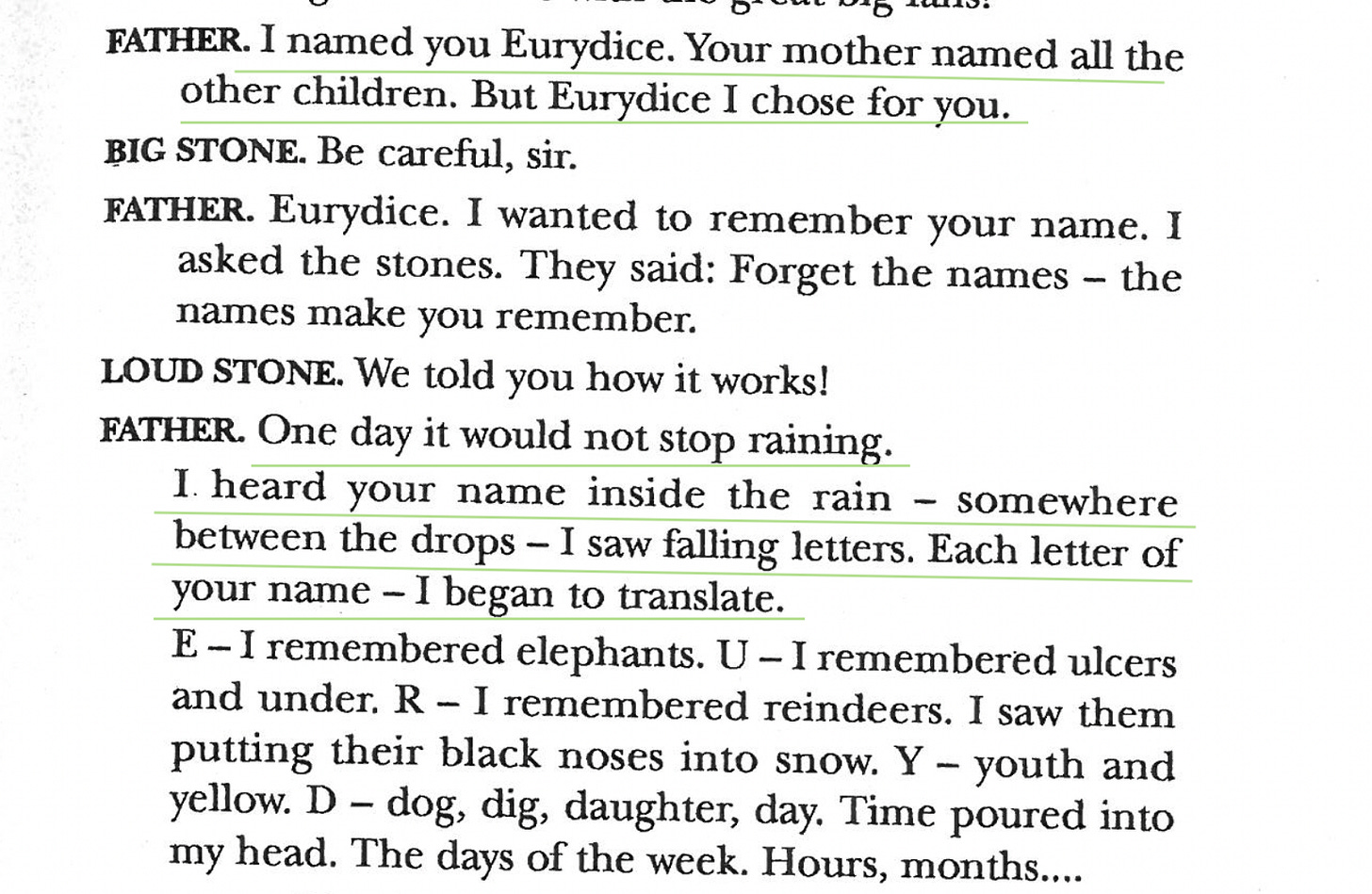 FATHER: One day it would not stop raining. I heard your hame inside the rain - somewhere between the drops - I saw falling letters. Each letter of your name.