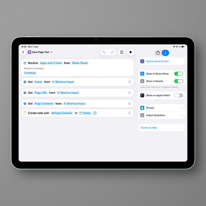 Apple Shortcut inside the iPad