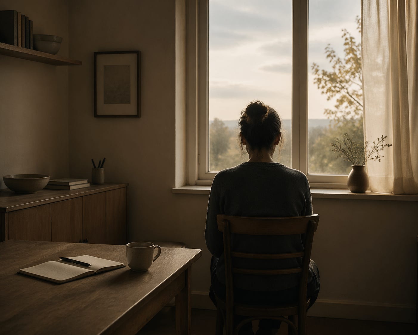 A solitary person sits facing a window in a simple, orderly room lit by soft morning light. A cup, notebook, chair, and quiet furnishings suggest routine and repetition, while the view outside offers a gentle sense of openness and possibility.