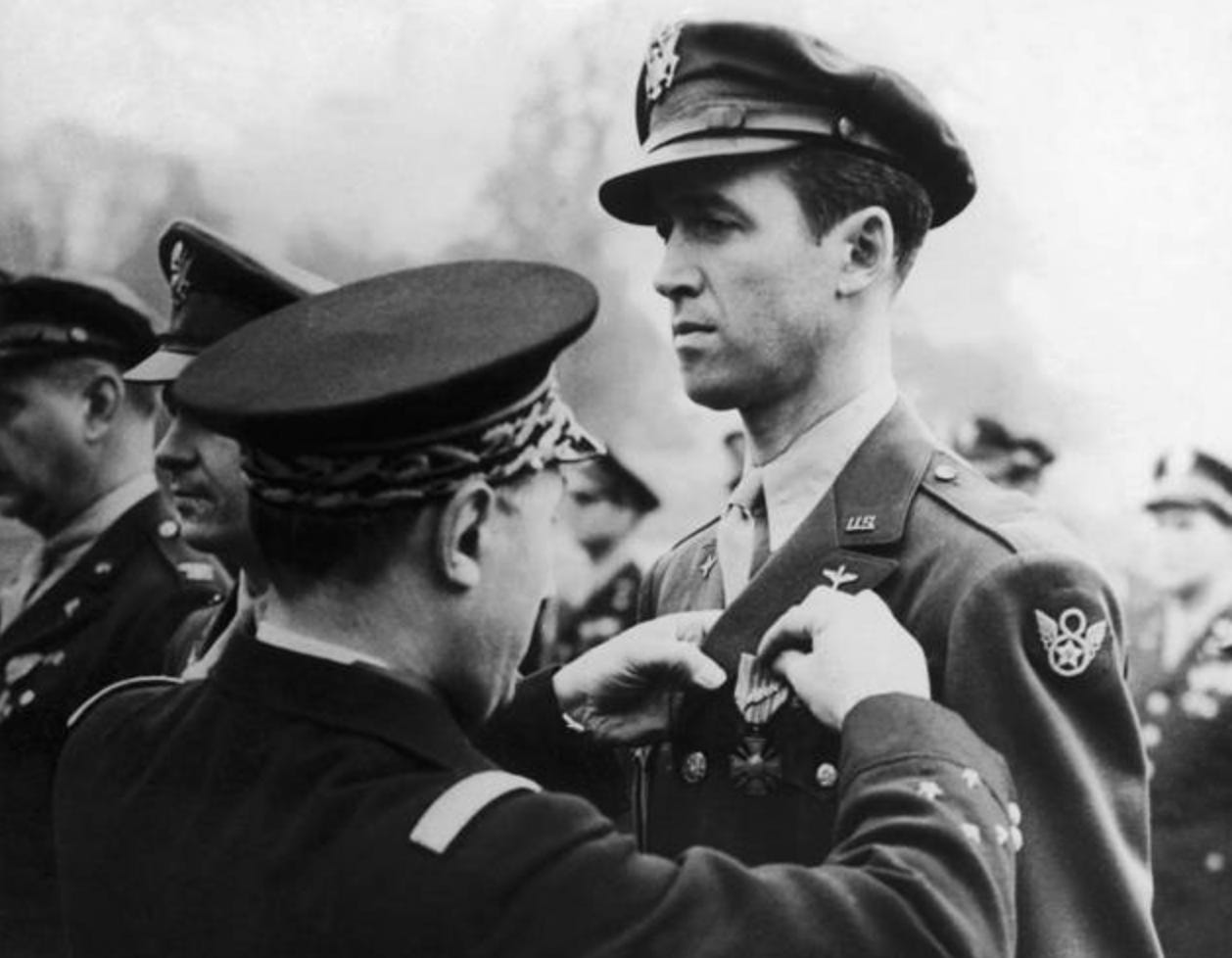 Jimmy Stewart in the U.S. Air Force, being decorated for his service.