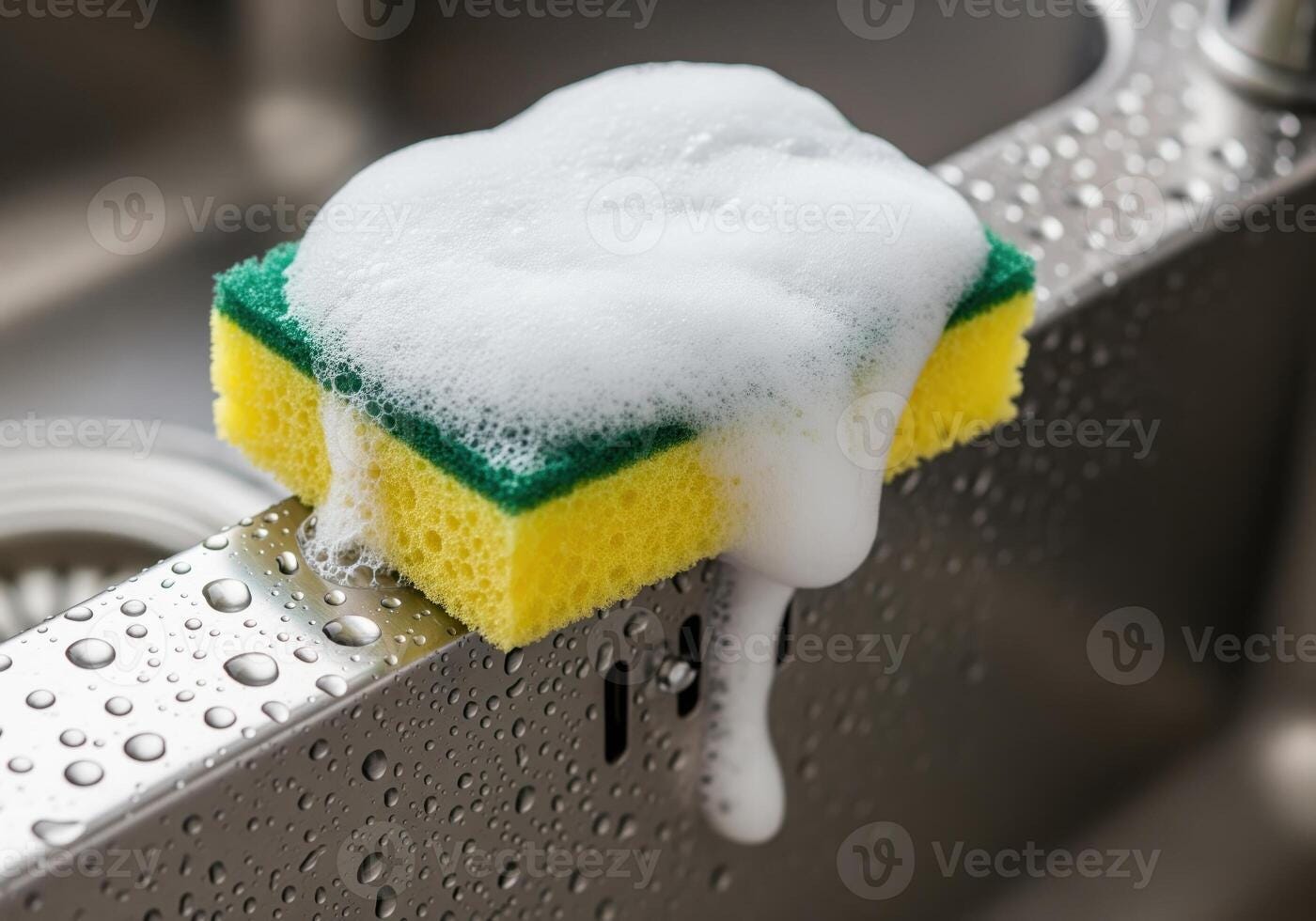 Wet yellow and green scouring pad covered in soap suds resting on a shiny  kitchen sink 73527106 Stock Photo at Vecteezy