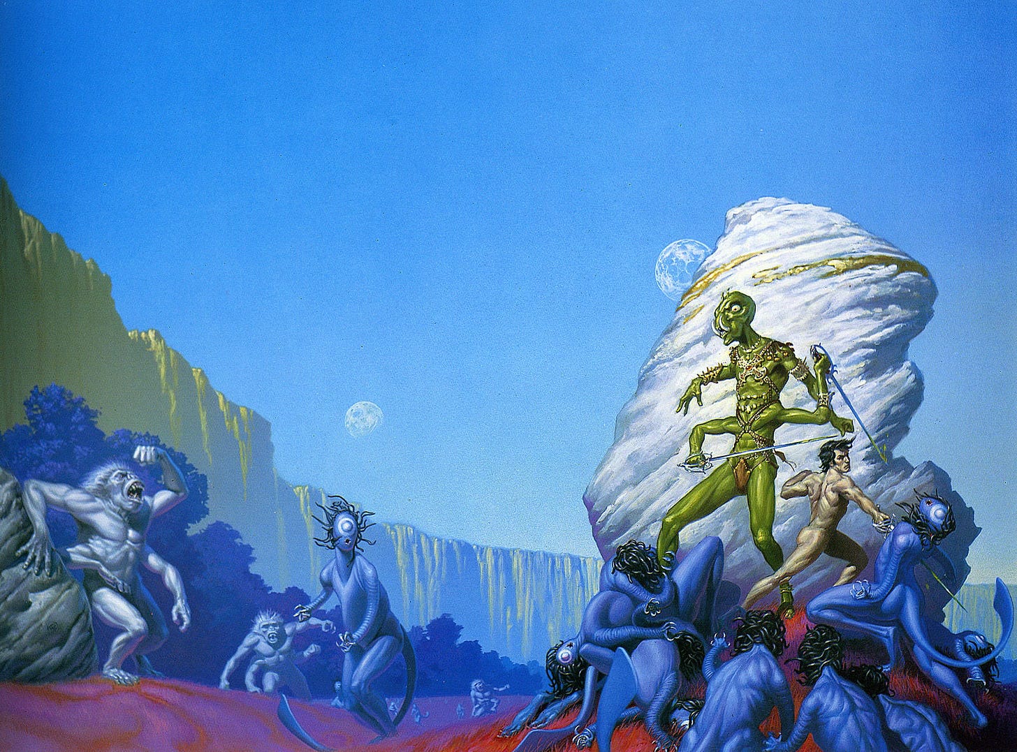 John Carter fights side-by-side with Tars Tarkas. In Barsoomian fashion, John Carter is completely naked. He pierces the chest of a blue plant man with a skilled thrust of his rapier. The anatomy of his green alien companion is fascinating in that Tars Tarkas has a second torso stacked on the first. He towers over all around him. Two large tusks jut fiercely out of his lower jaw, and his eyes are set on the side of his head. Tars Tarkas draws back a rapier in one of his four arms. His other lower arm guards with rapier held laterally. The two allies are framed by a milky white boulder with a shiny gold vein running through it. Despite outnumbering the two heroes, the plant men seem to find only death in their approach up the red grassy hill. In addition to the troop of plant men, white apes with four arms approach from out of the trees. Above the scene, two craggy moons hang in clear blue skies above the gold rimmed valley where the fighting takes place. John Carter fights side-by-side with Tars Tarkas. In Barsoomian fashion, John Carter is completely naked. He pierces the chest of a blue plant man with a skilled thrust of his rapier. The anatomy of his green alien companion is fascinating in that Tars Tarkas has a second torso stacked on the first. He towers over all around him. Two large tusks jut fiercely out of his lower jaw, and his eyes are set on the side of his head. Tars Tarkas draws back a rapier in one of his four arms. His other lower arm guards with rapier held laterally. The two allies are framed by a milky white boulder with a shiny gold vein running through it. Despite outnumbering the two heroes, the plant men seem to find only death in their approach up the red grassy hill. In addition to the troop of plant men, white apes with four arms approach from out of the trees. Above the scene, two craggy moons hang in clear blue skies above the gold rimmed valley where the fighting takes place.