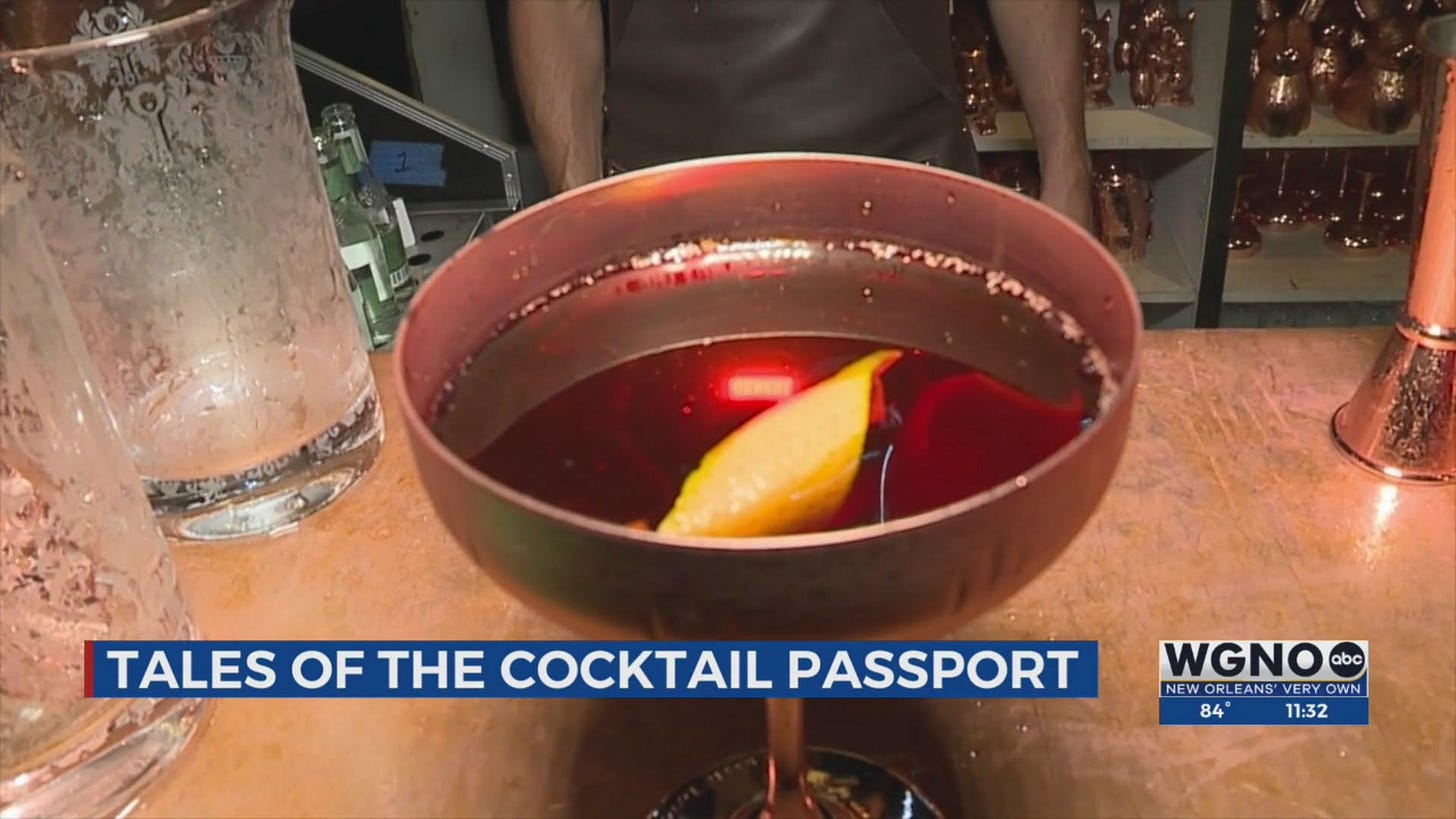 May be an image of ‎drink and ‎text that says '‎W مم، ቂመችያ TALES OF TH COCKTAIL PASSPORT WGNO abc NEW NEWORLEANS'VERYOWN NEWORLEANS ANS' EANS'VERY VERYOWN OWN 84° 11:32‎'‎‎