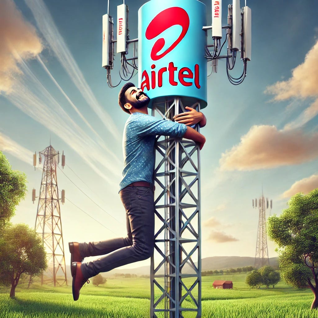 A person happily hugging an Airtel mobile tower, surrounded by a scenic background with clear skies and green fields. The person appears joyful, with a smile, embracing the tower with both arms. The Airtel tower is tall, metallic, and distinctive with the brand's logo visible. The scene reflects a playful and light-hearted atmosphere, symbolizing a connection to technology and telecommunications. A person happily hugging an Airtel mobile tower, surrounded by a scenic background with clear skies and green fields. The person appears joyful, with a smile, embracing the tower with both arms. The Airtel tower is tall, metallic, and distinctive with the brand's logo visible. The scene reflects a playful and light-hearted atmosphere, symbolizing a connection to technology and telecommunications.